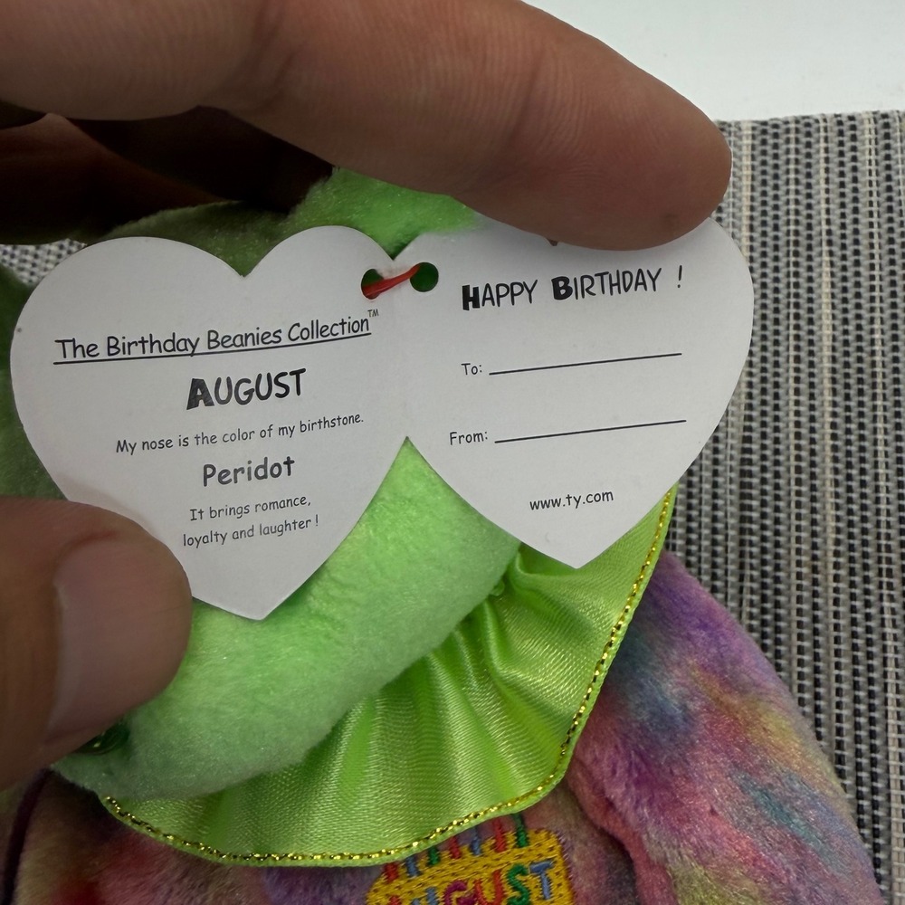Ty Beanie Baby August Birthday Bear Peridot Birthstone Tie Dye Plush Green 8" - Picture 4 of 5